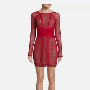 Free People Red Long Sleeve Mesh and Lace  Bodycon dress Size Small